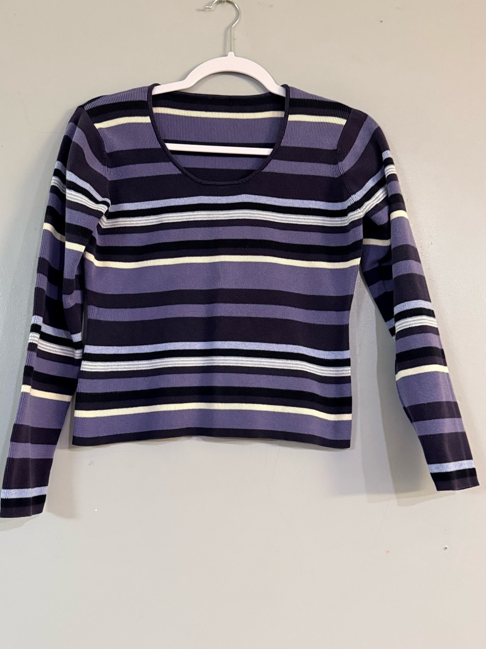 Striped Scoop-Neck Long Sleeve Top - Lavender/Black